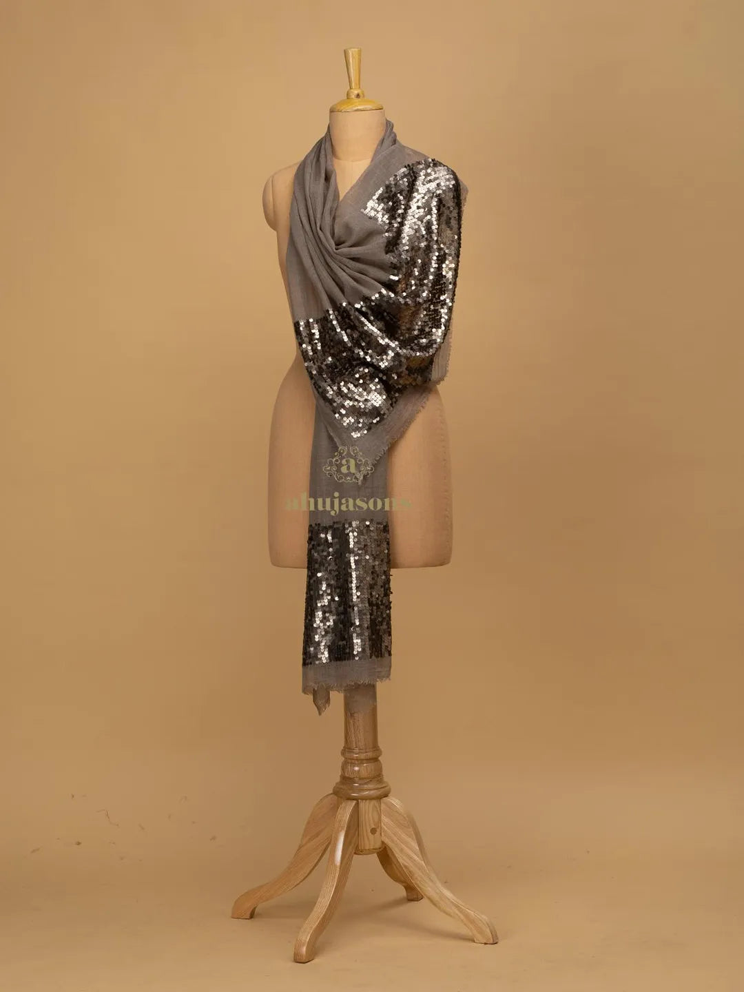 Elegant Stole Sequined Detailing with Sequence Pattern in Brown