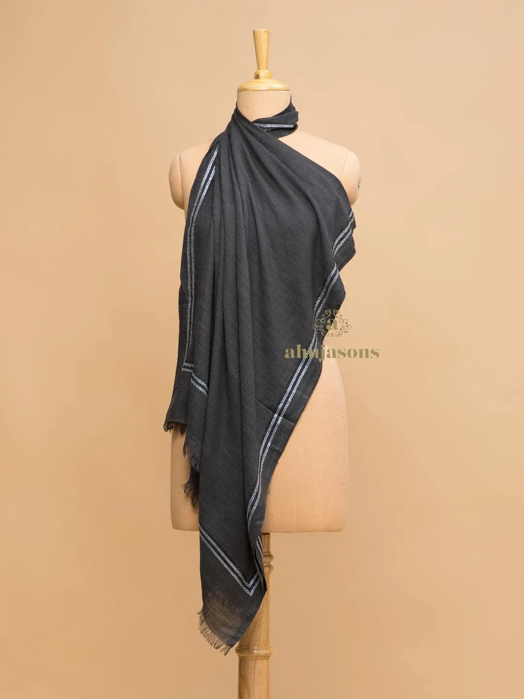 Elegant Stole Wool Blend with Dobby Pattern in Charcoal Black