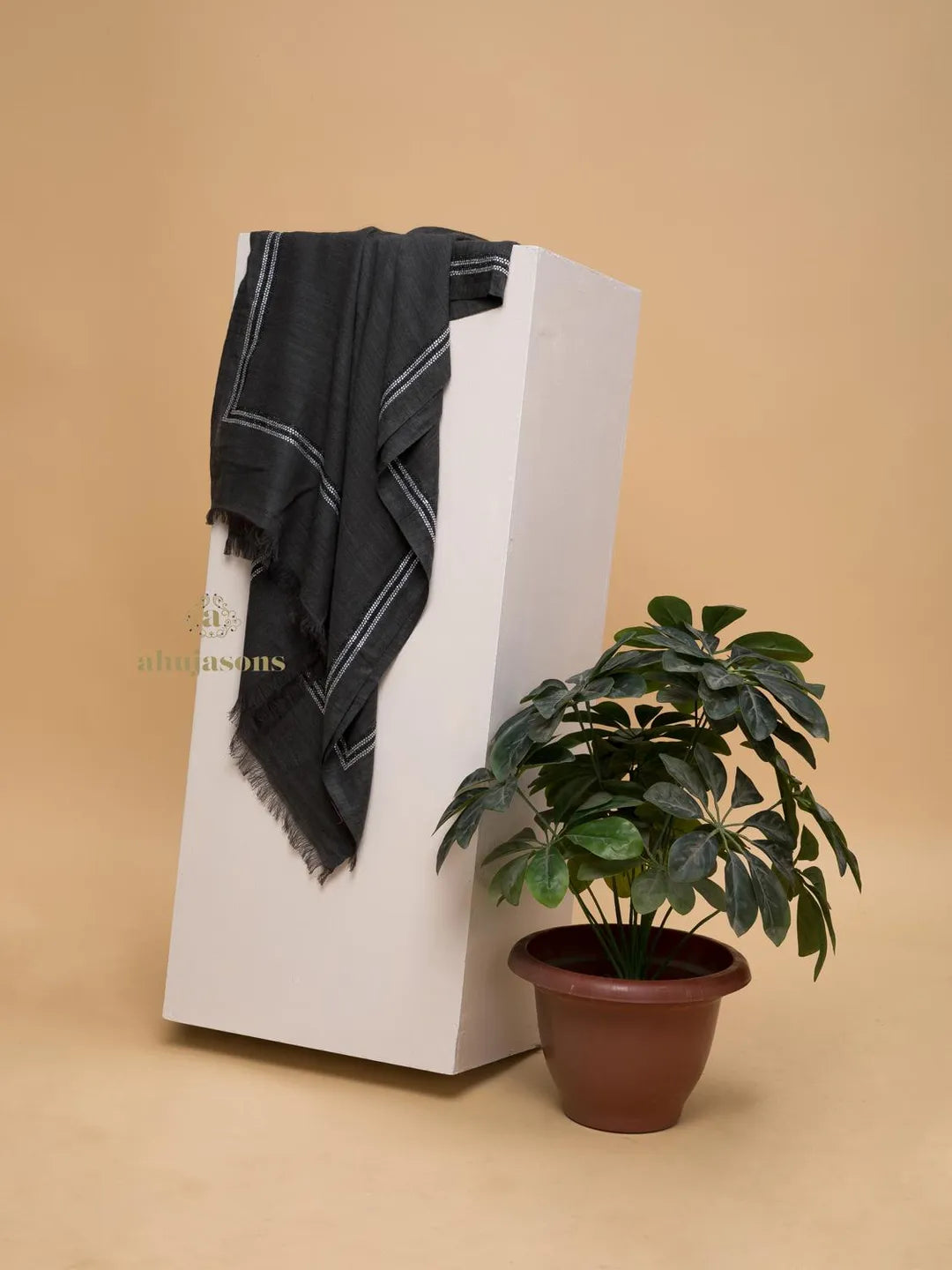 Elegant Stole Wool Blend with Dobby Pattern in Charcoal Black