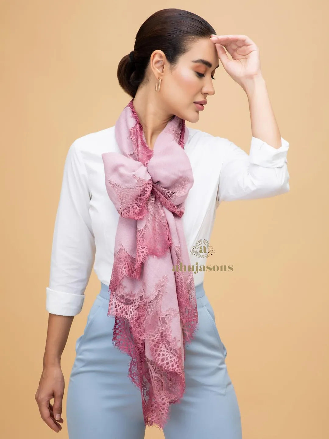 Elegant Stole Wool Blend with Dobby Pattern in Pink