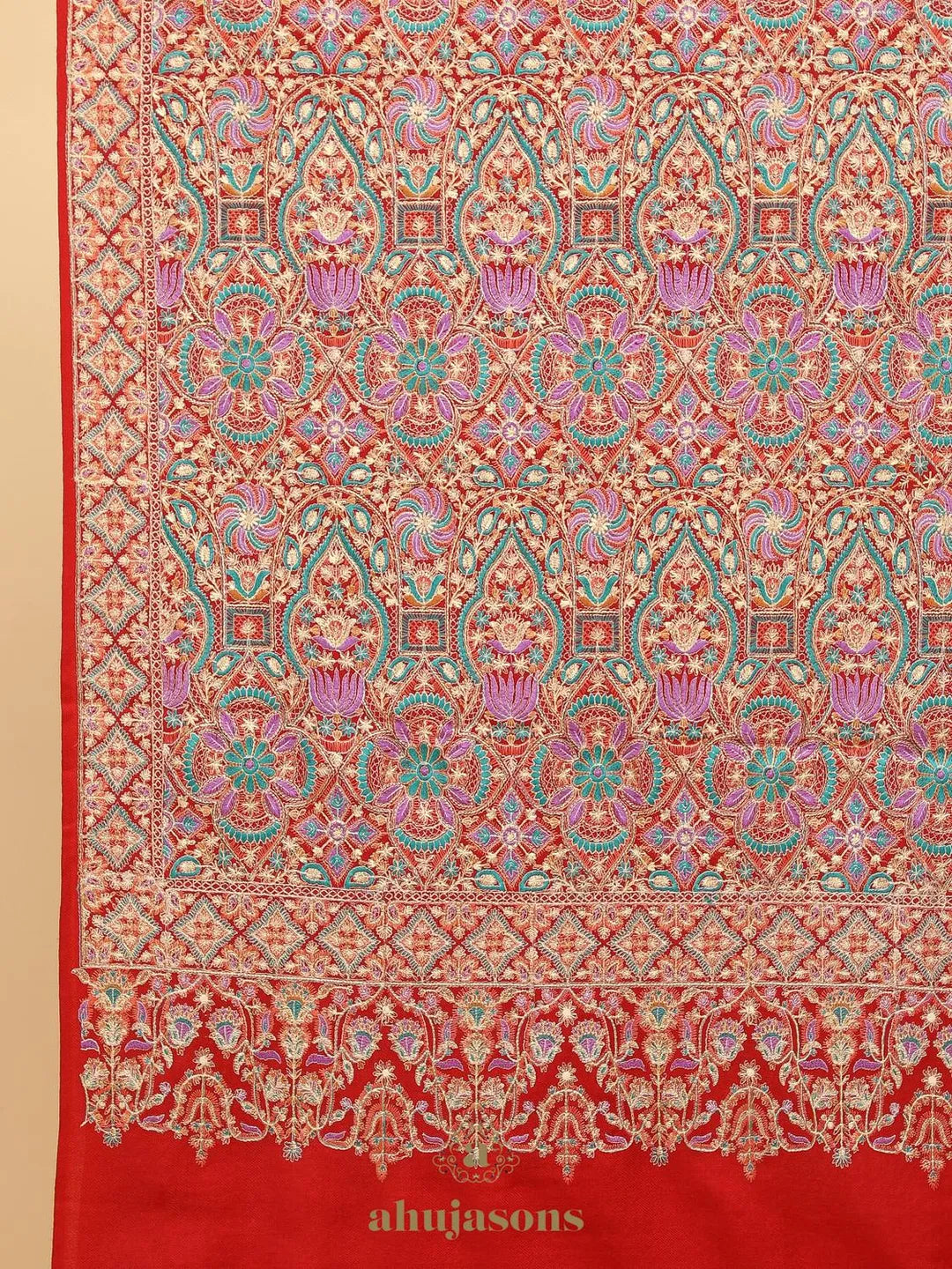 Elegant Stole Wool Blend with Border Embroidery Pattern in Red