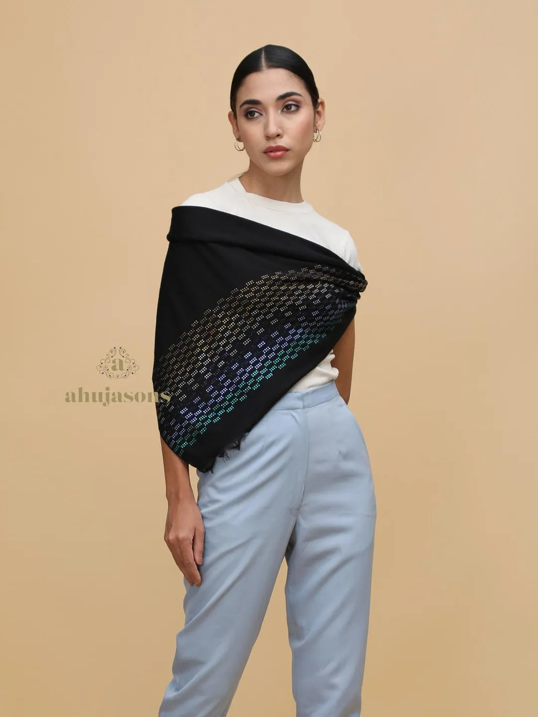 Elegant Stole Wool Blend with Dobby Pattern in Black