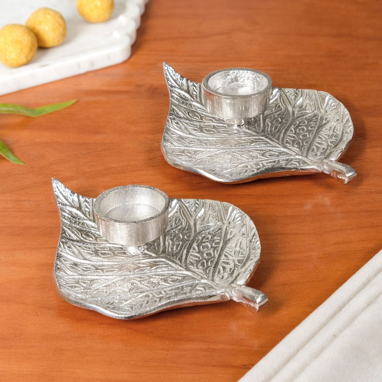 Aesthetic Leaf Tealight And Agarbatti Holder Set Of 2 In Festive Gift Box