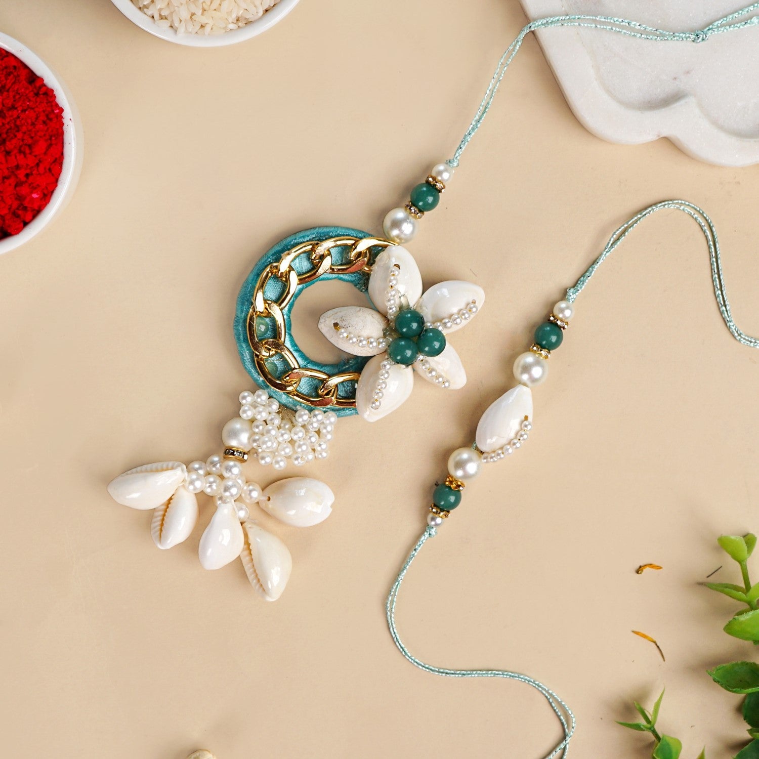 Aqua Shell Lumba Rakhi Set For Bhabhi And Brother