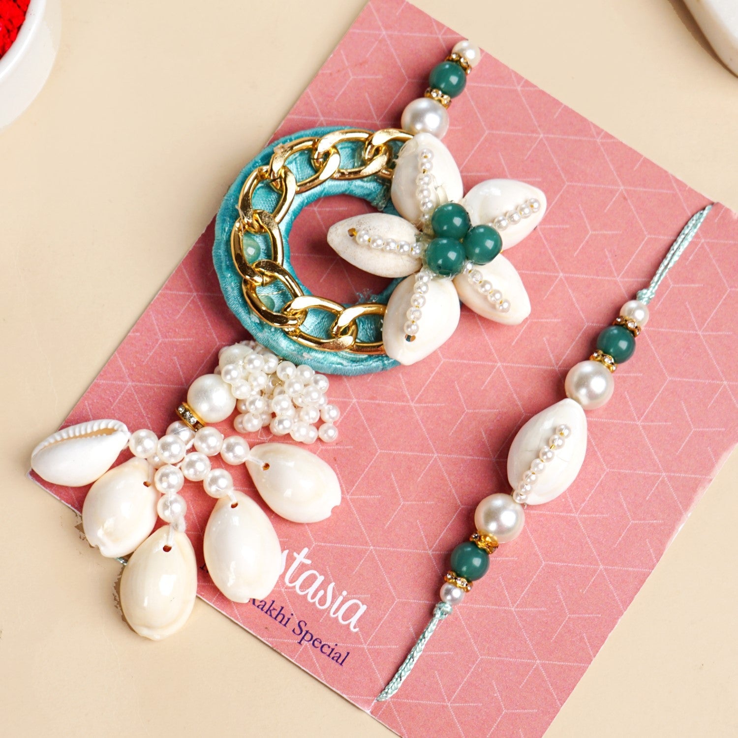 Aqua Shell Lumba Rakhi Set For Bhabhi And Brother