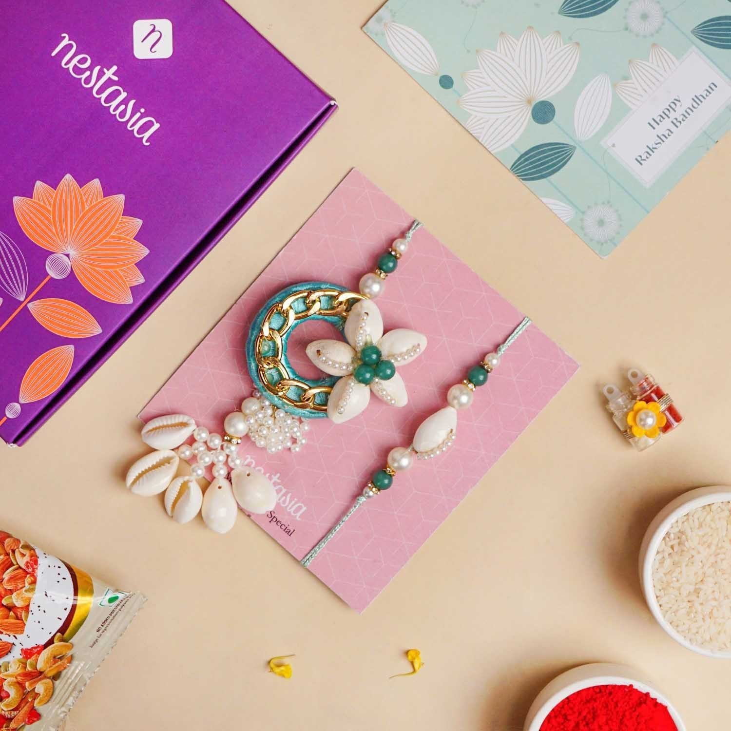 Aqua Shell Lumba Rakhi Set For Bhabhi And Brother