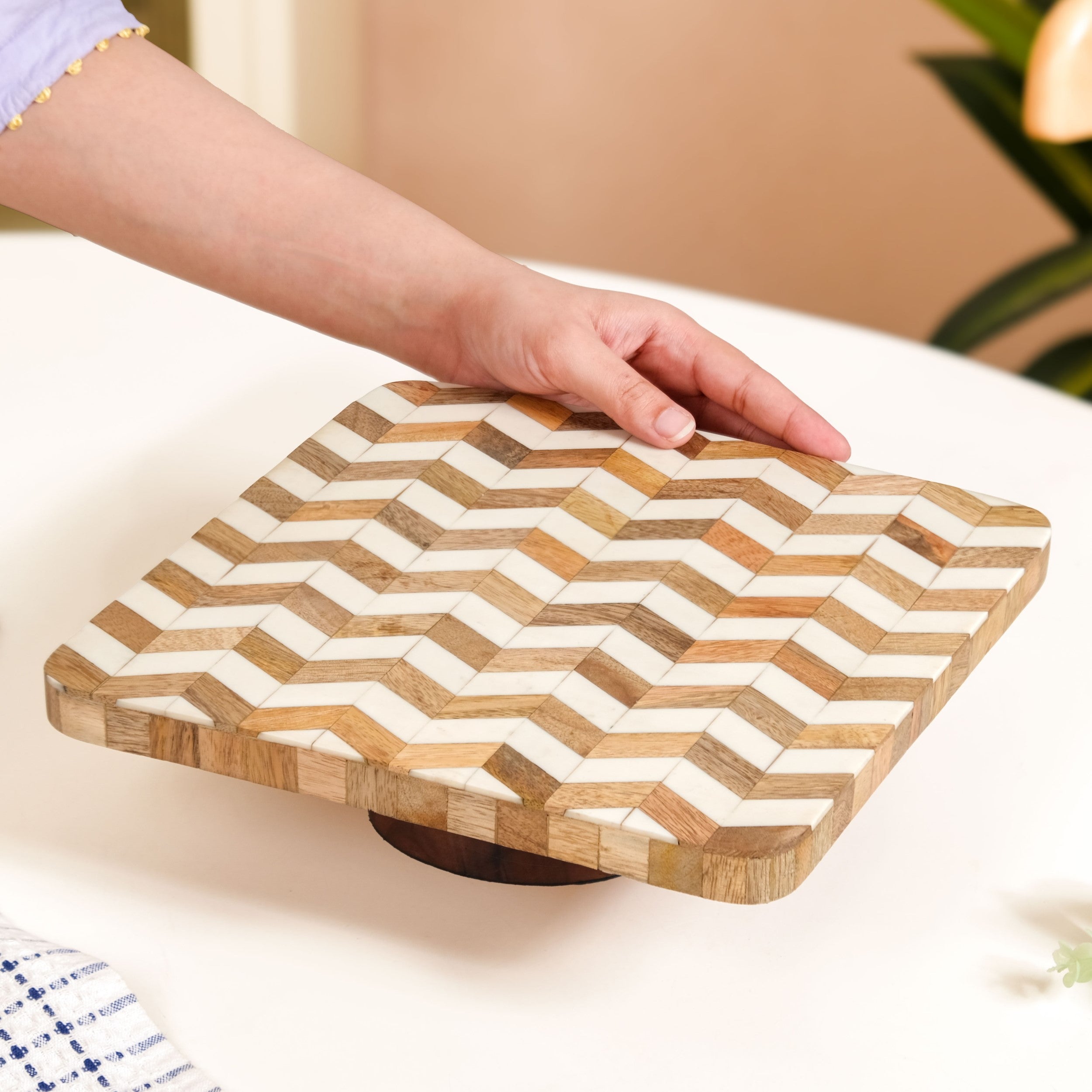 Artisanal Chevron Square Wooden Dessert Riser 26x26cm