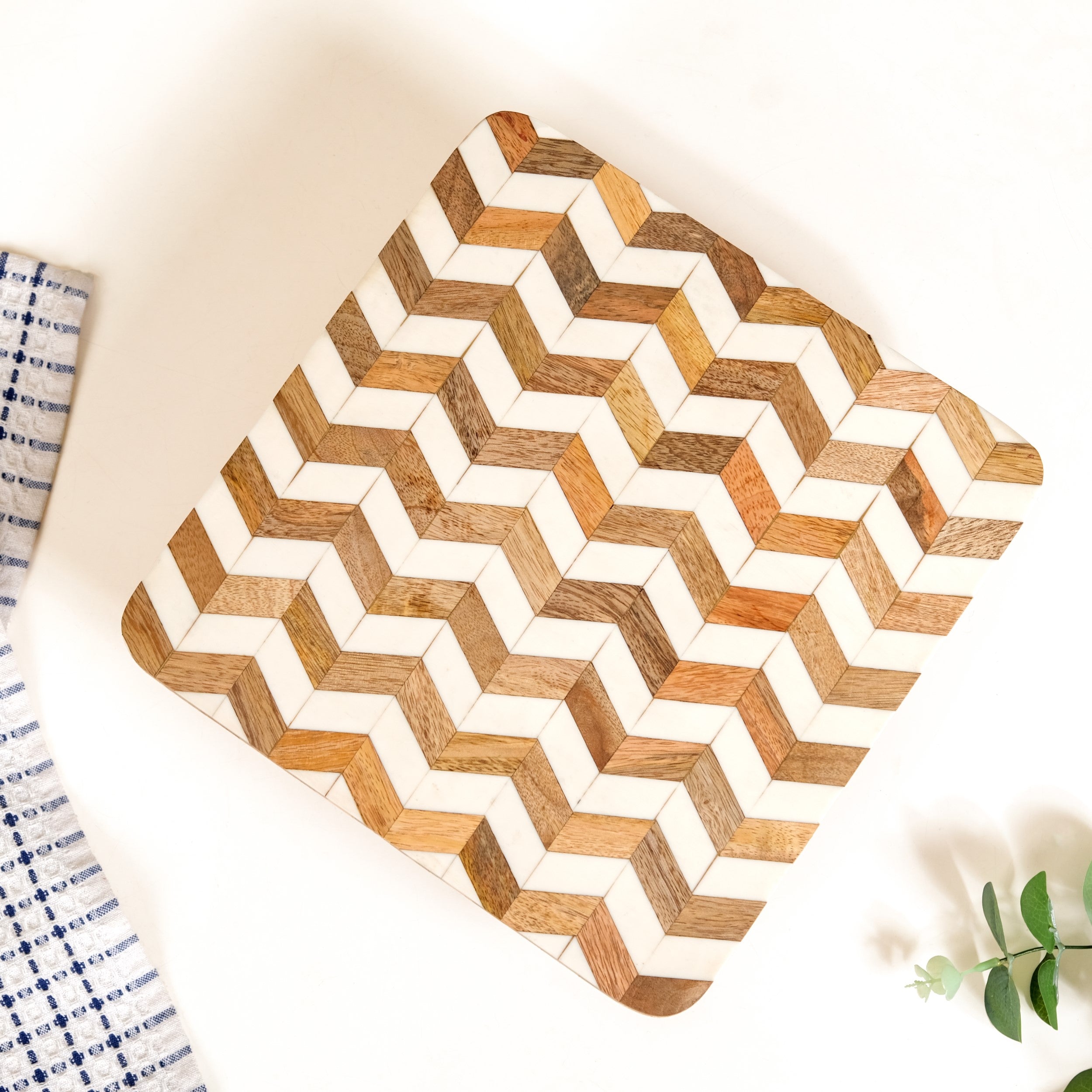 Artisanal Chevron Square Wooden Dessert Riser 26x26cm