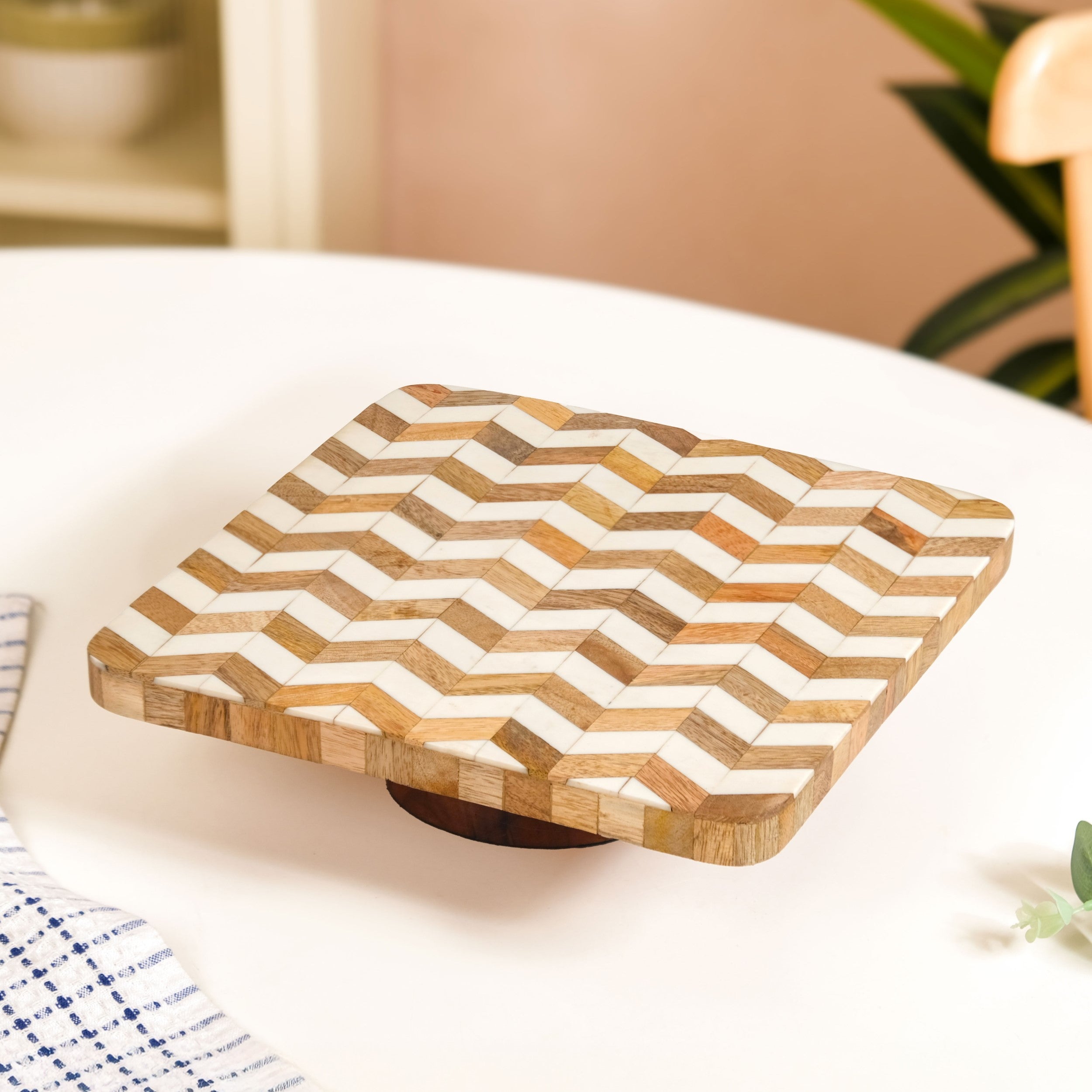 Artisanal Chevron Square Wooden Dessert Riser 26x26cm