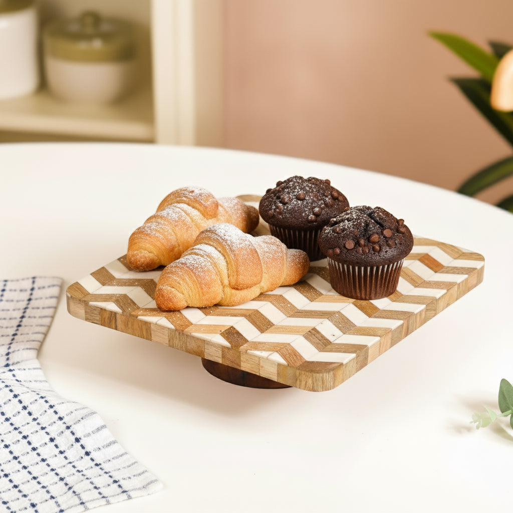 Artisanal Chevron Square Wooden Dessert Riser 26x26cm