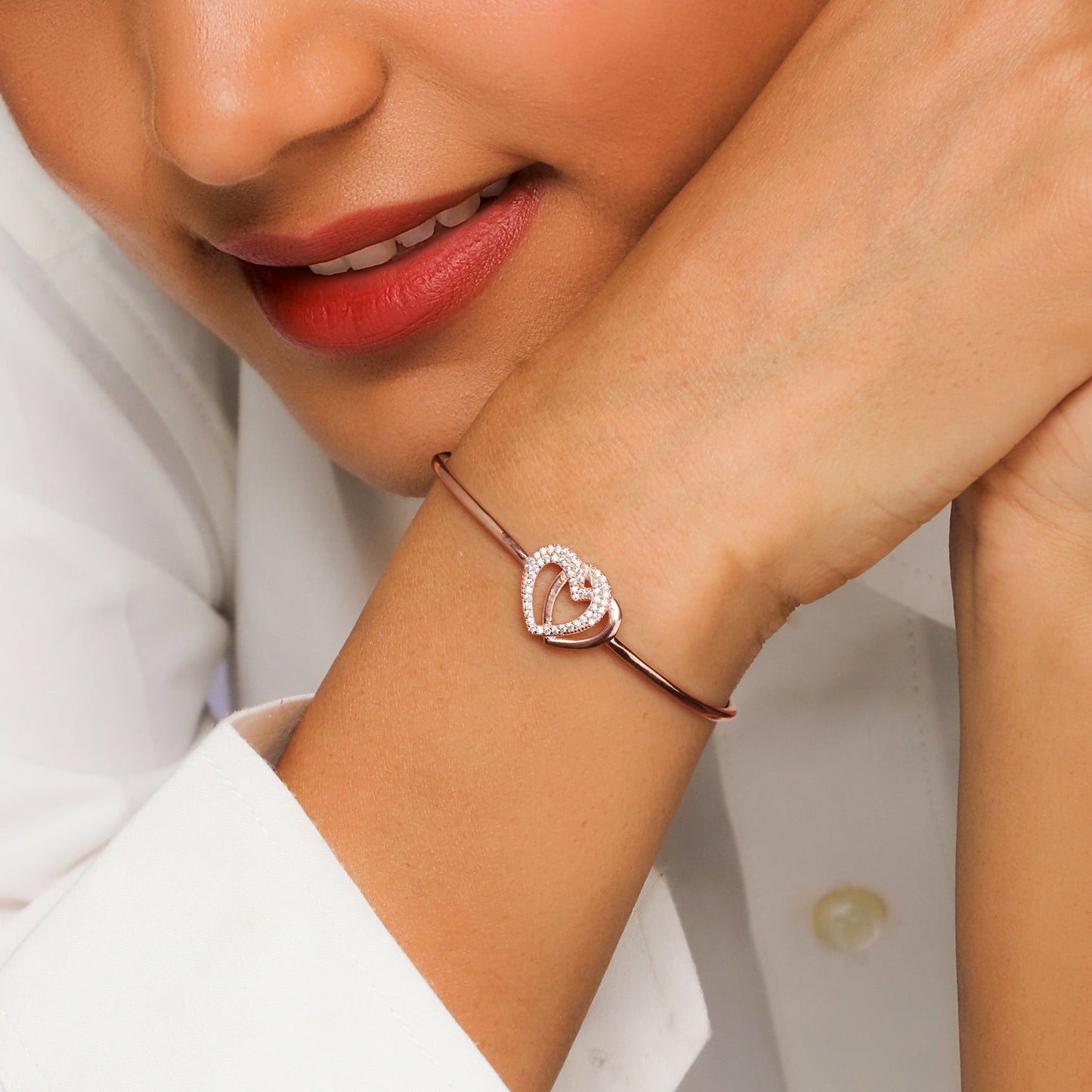 Rose Gold Interlocked Heart Duo Bracelet