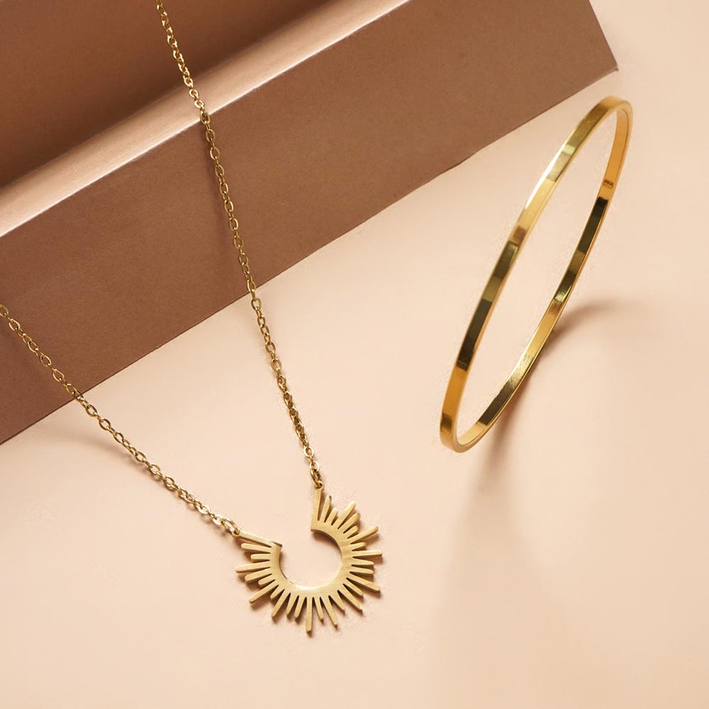 Sun Rays Necklace & Flat Wire Bangle Bracelet Combo Set