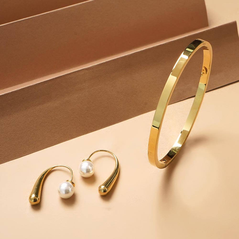 Plain Stackable Bangle Bracelet |4MM & Pearl Hook Earrings Combo Set