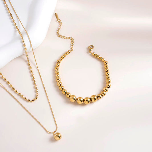 Gold Beaded Bracelet & Two-Layered Bead Necklace Combo Set