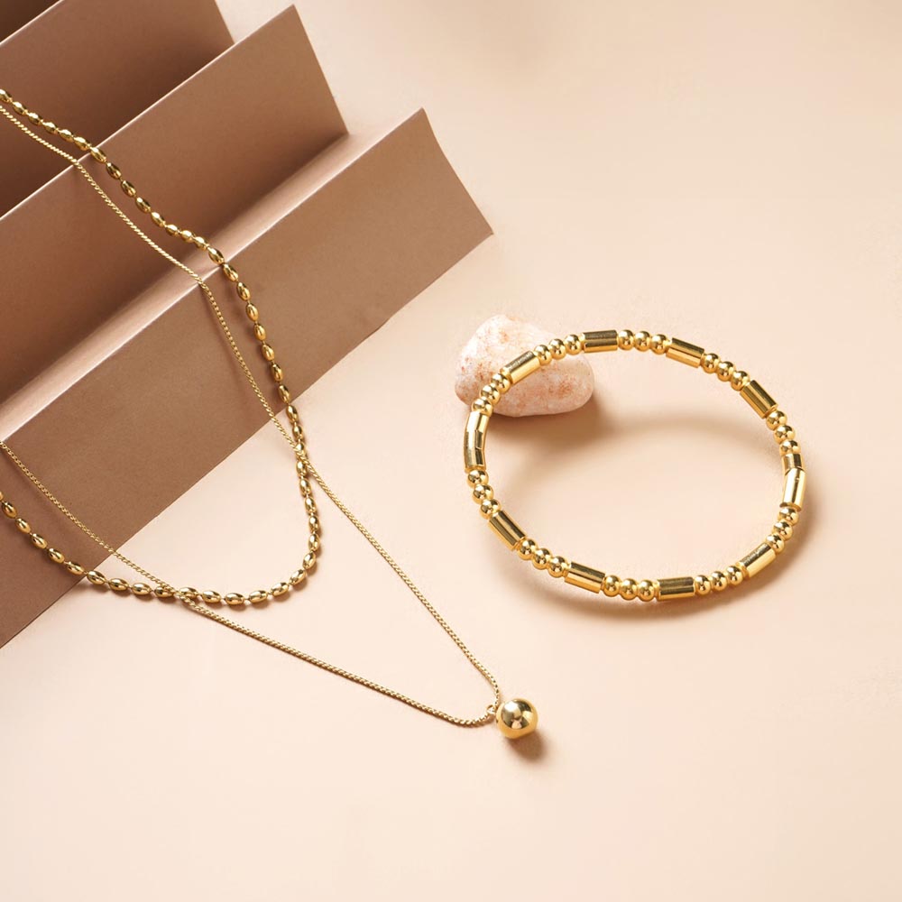 Golden Stream Bangle Bracelet & Two-Layered Bead Necklace Combo Set