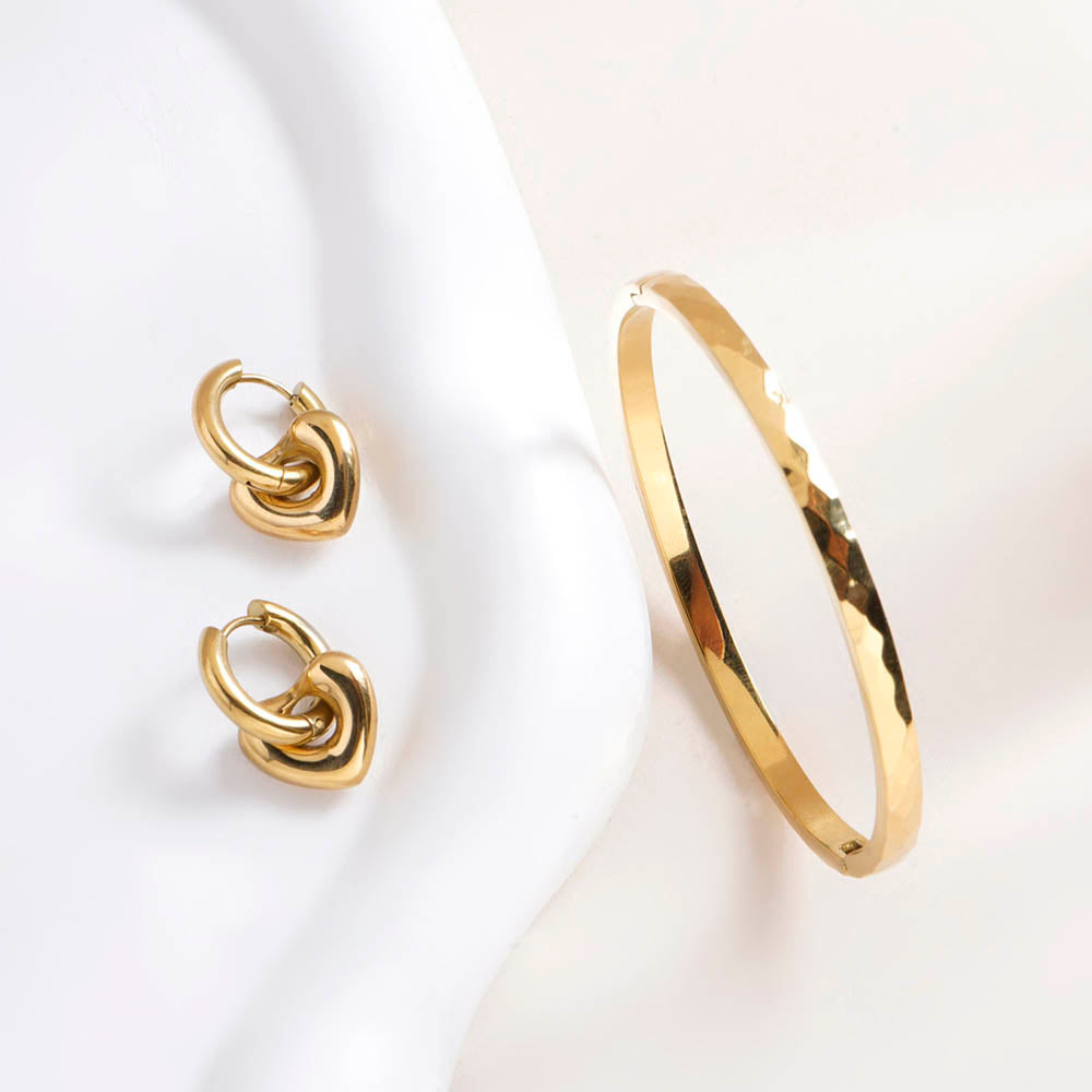 Gilded Haze Bangle Bracelet & Gold Heart Hoop Earrings Combo Set