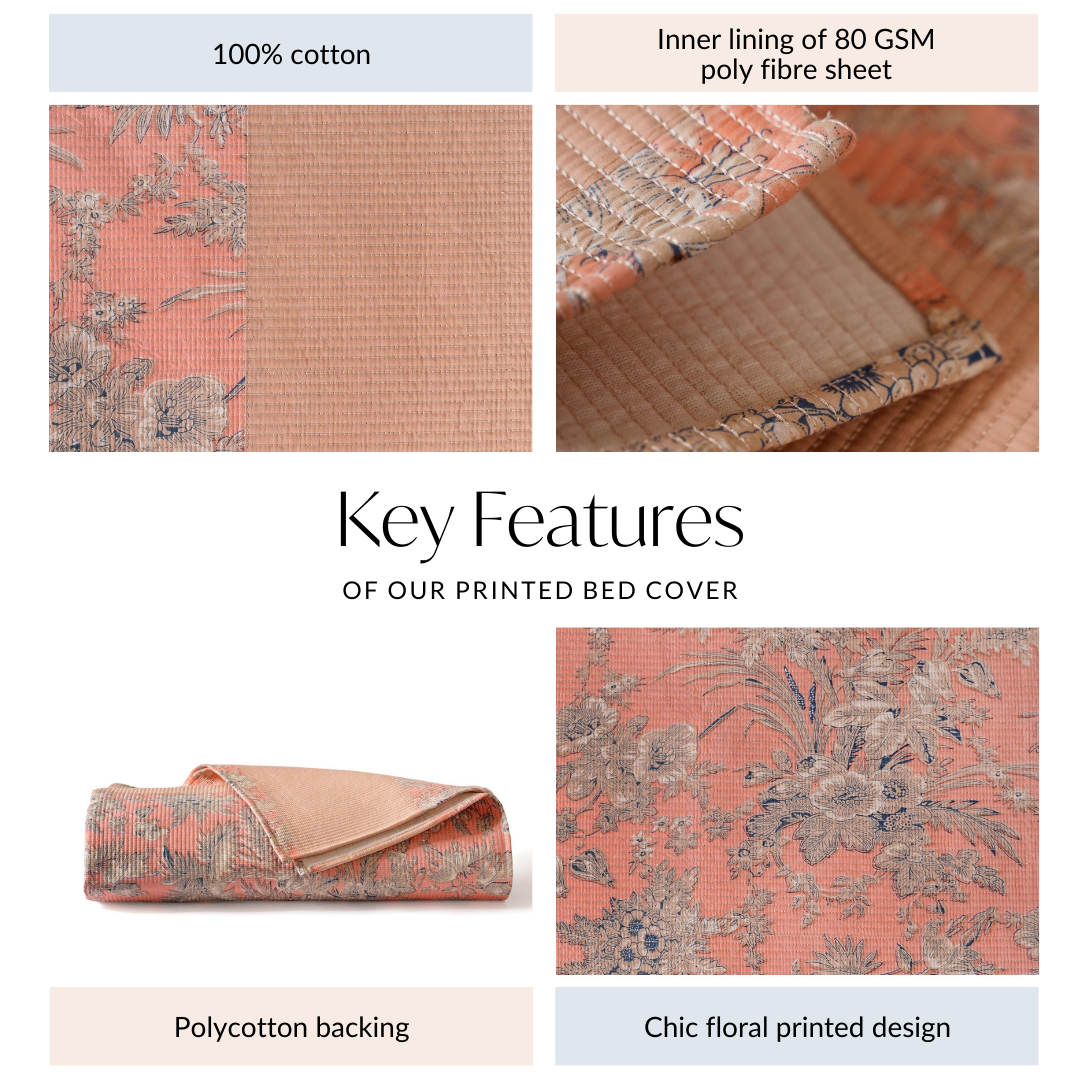 Floral Quilted Cotton King Size Bed Cover Peach Pink 102x93 Inch