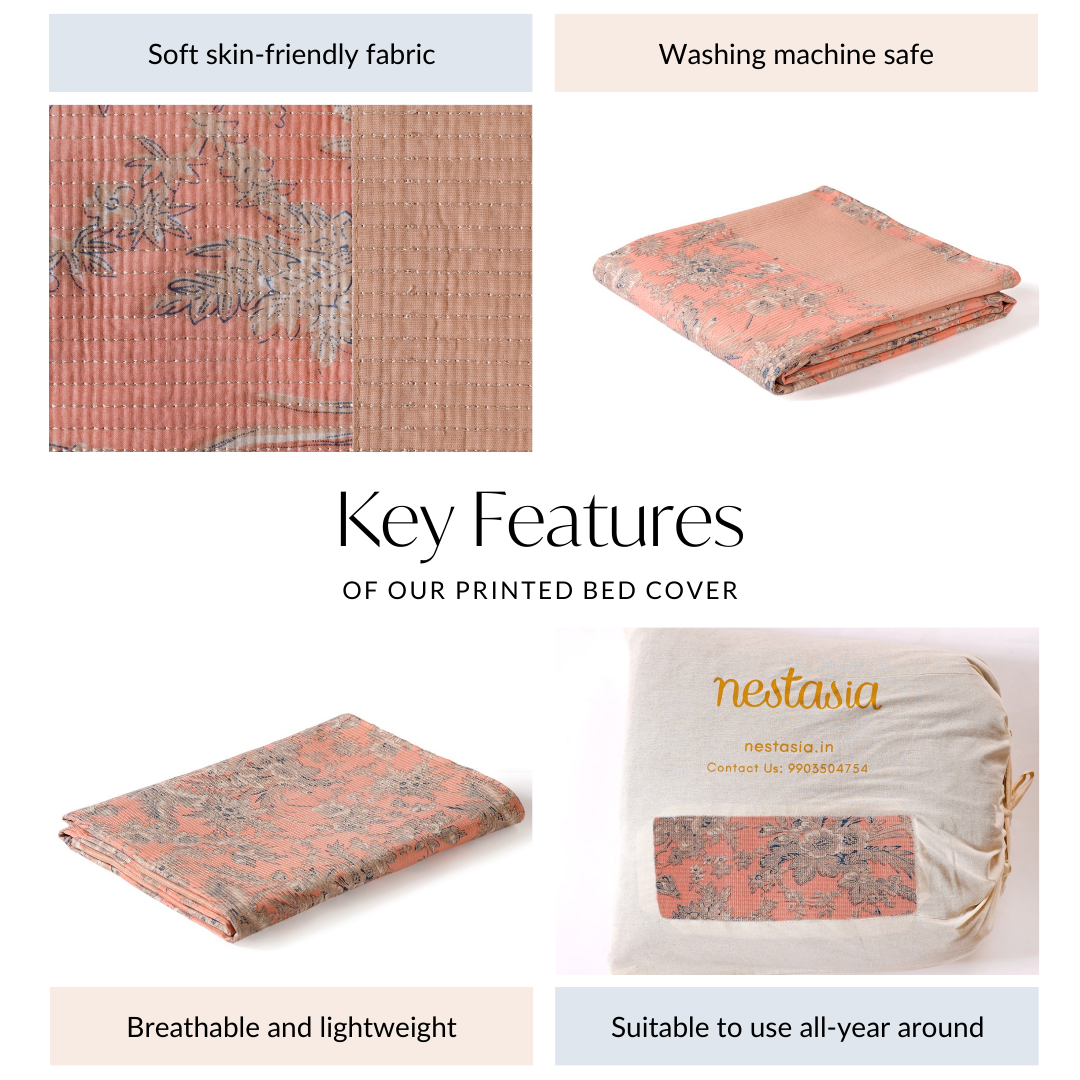 Floral Quilted Cotton King Size Bed Cover Peach Pink 102x93 Inch