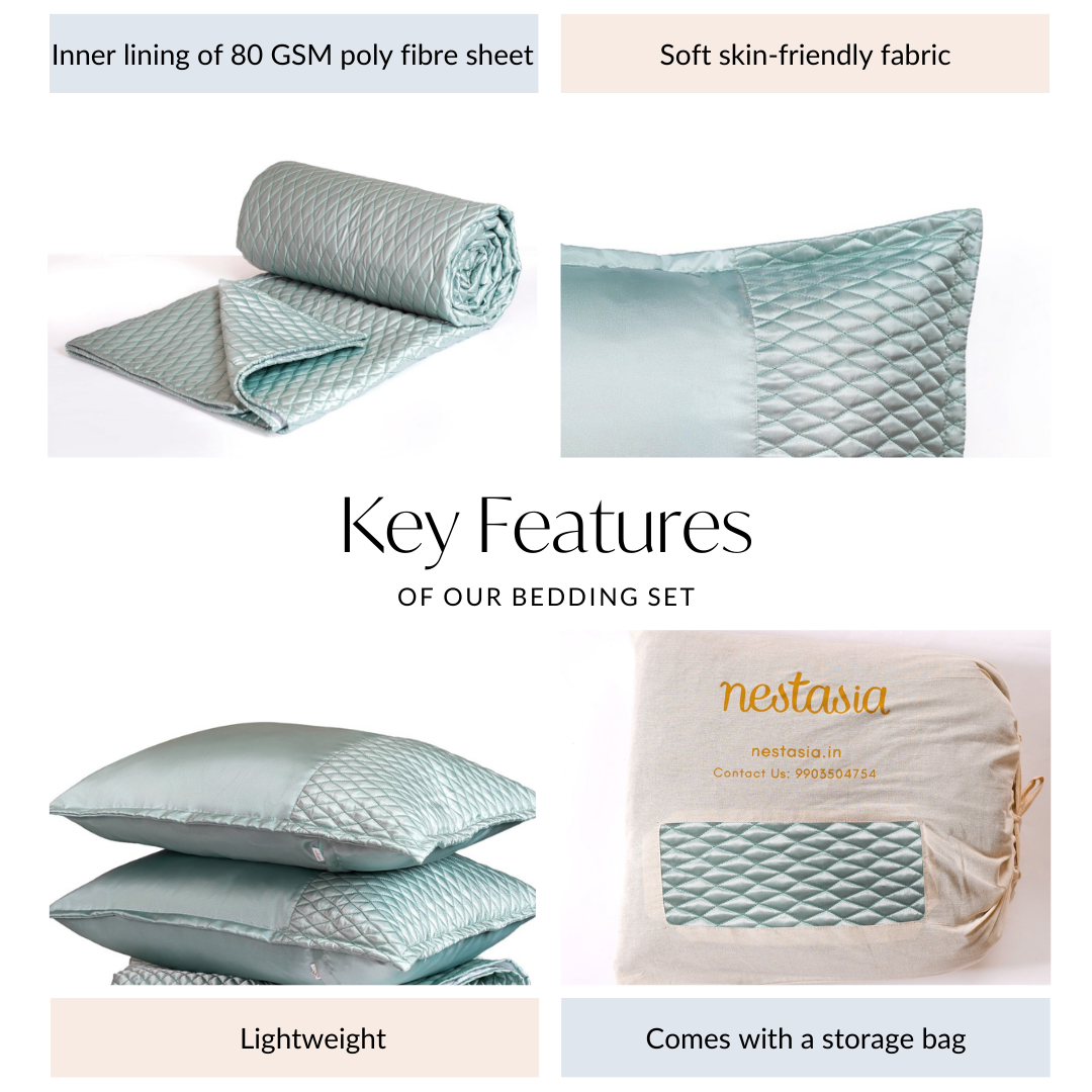 Quilted King Size Bed Cover And Pillow Case Set Of 3 Powder Blue