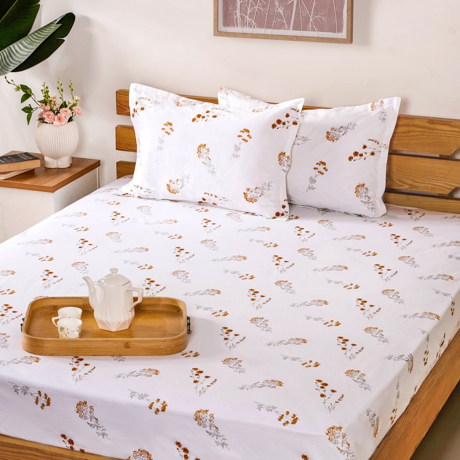 Pure Cotton 180 TC Floral Printed King Size Bedding Set Yellow 275x275 cm