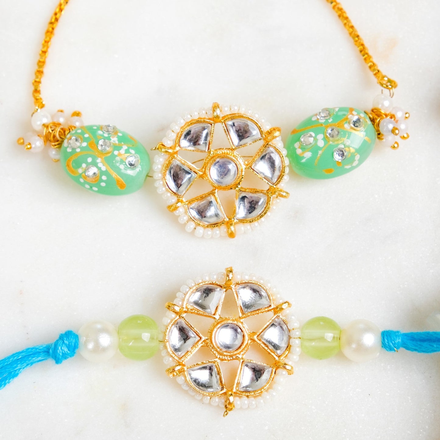 Serene Kundan Blue Rakhi Bracelet Gift Set