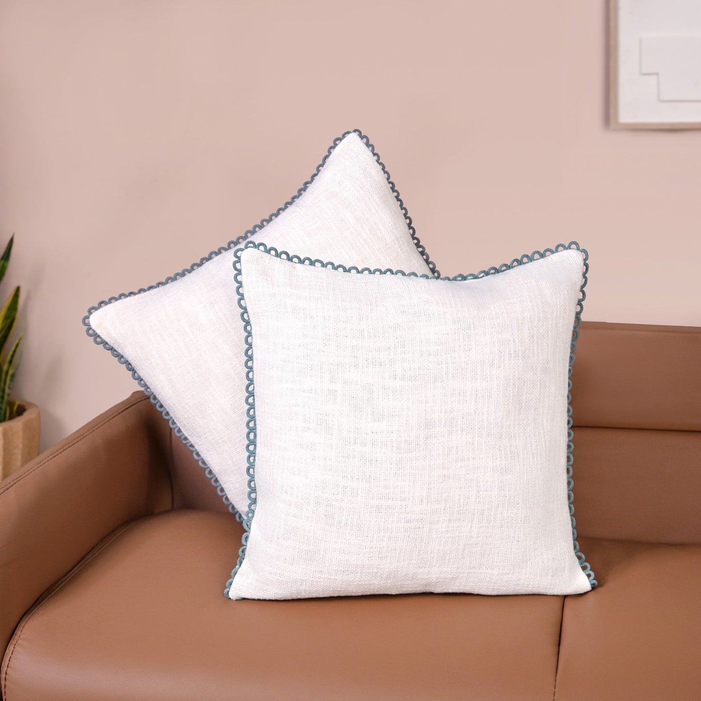 Blueline Lace Cotton Sofa With Looped Edging Set Cushion Cover Set Of 2