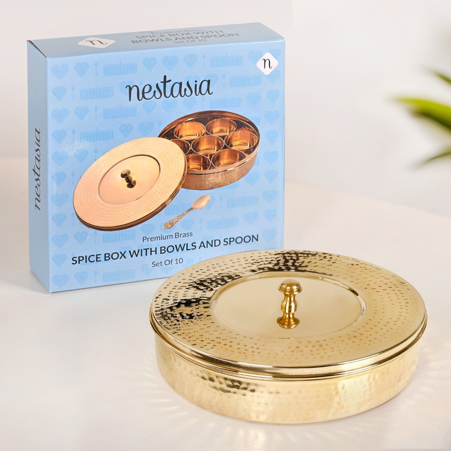 Pure Brass Hammered Masala Box Set With Spoon