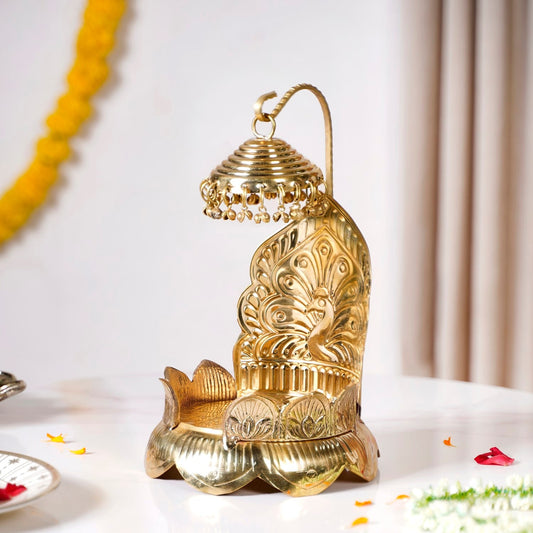 Brass Krishna Singhasan With Lotus And Peacock Embossing