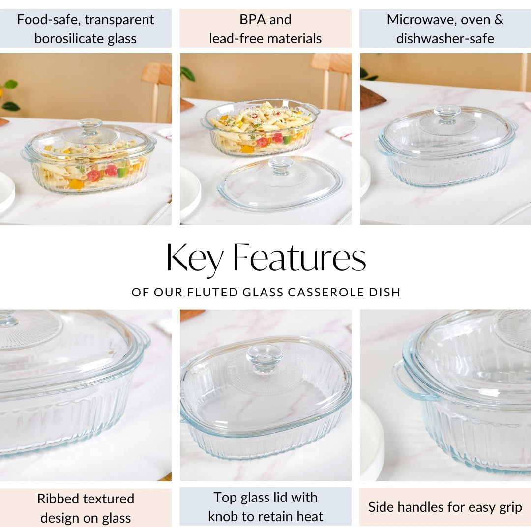 Fluted Glass Casserole Dish With Lid 1600ml