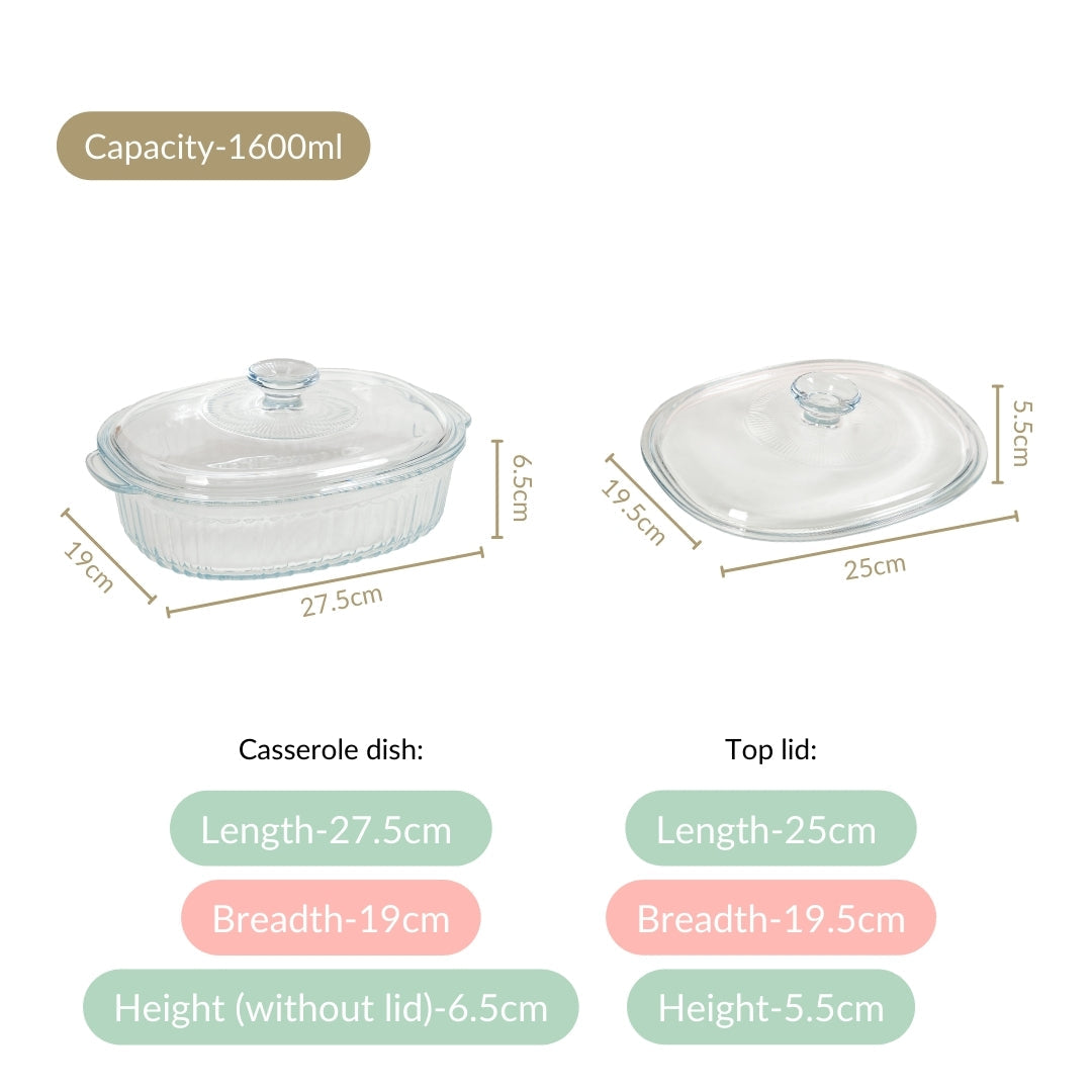 Fluted Glass Casserole Dish With Lid 1600ml