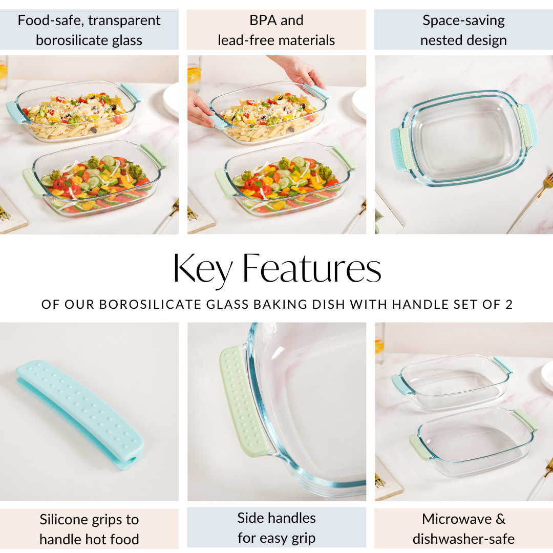 Glass Baking Dish with Heat Protectant Silicone Grips Set of 2