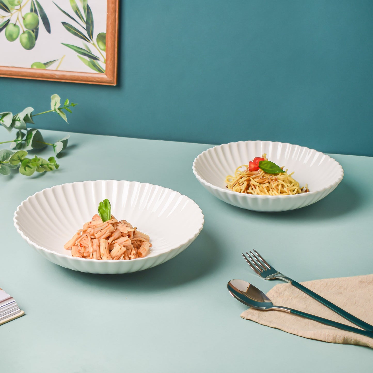 Riona Ribbed Ceramic Pasta Dish White 9 Inch