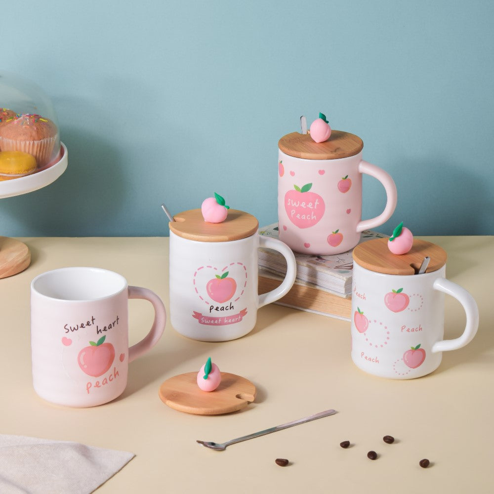 Morning Tea Mug Peach Patterned With Lid And Spoon 350 ml