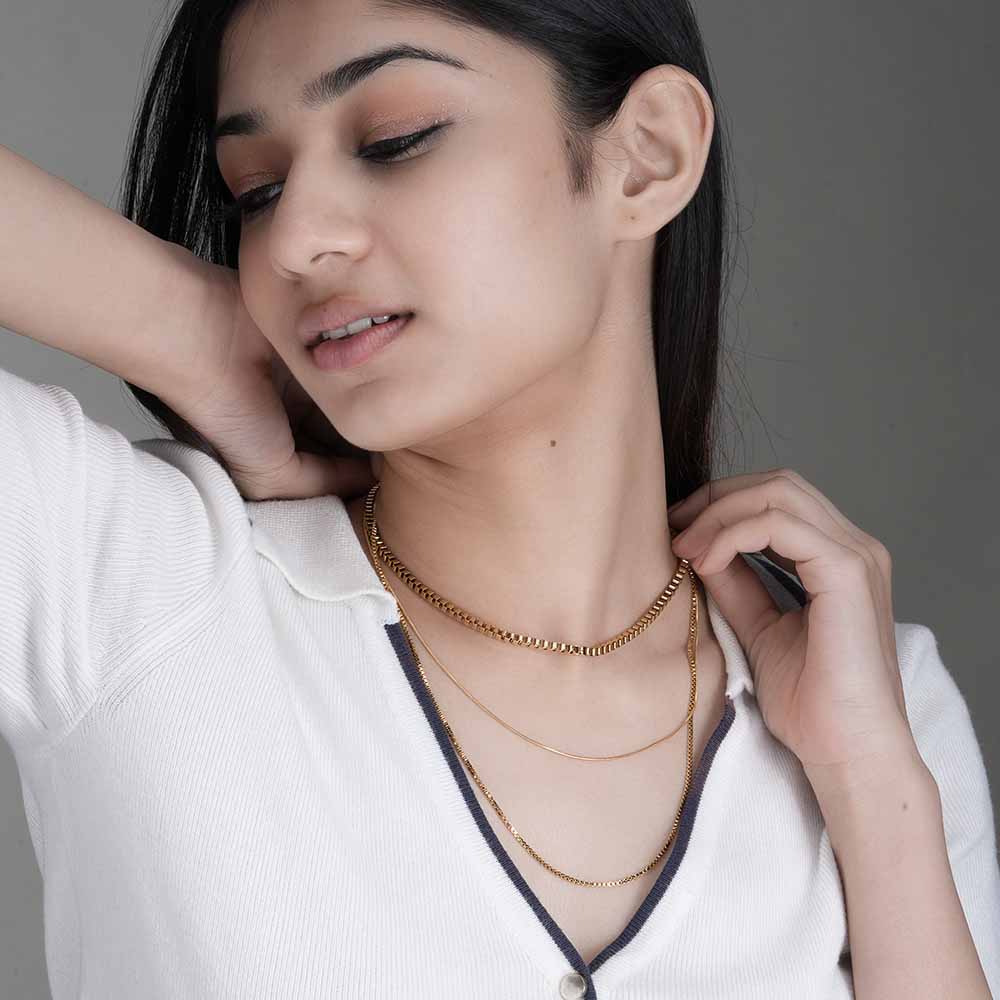 Gold Tone Box Chain Layered Necklace
