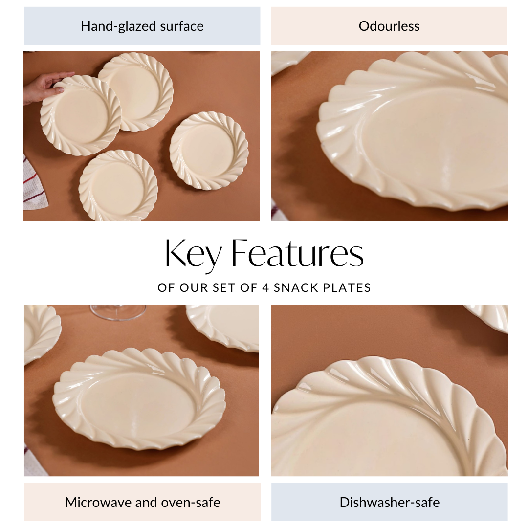 Scallop Vanilla White Luxury Snack Plates Set Of 4 9 Inch