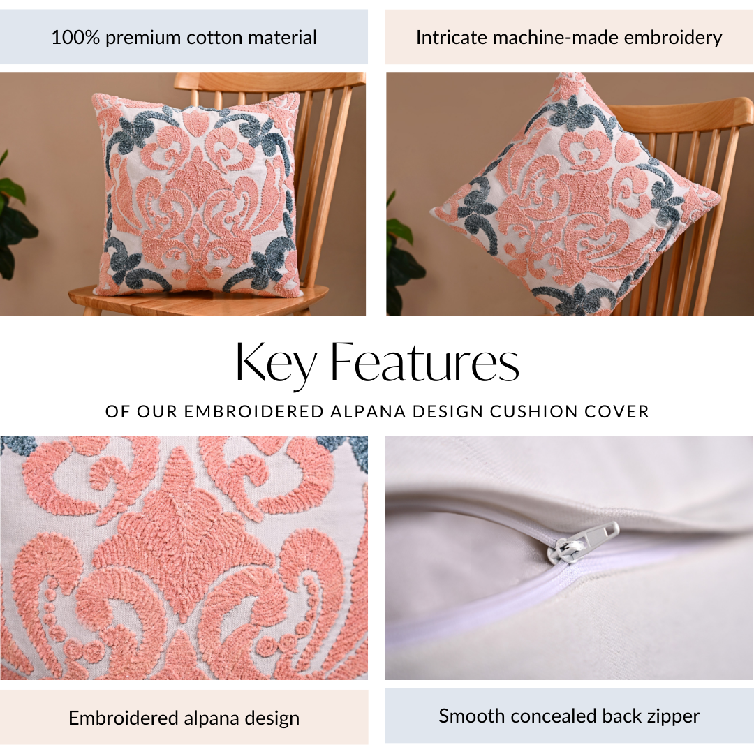 Embroidered Peach Teal Cushion Cover 40x40 cm