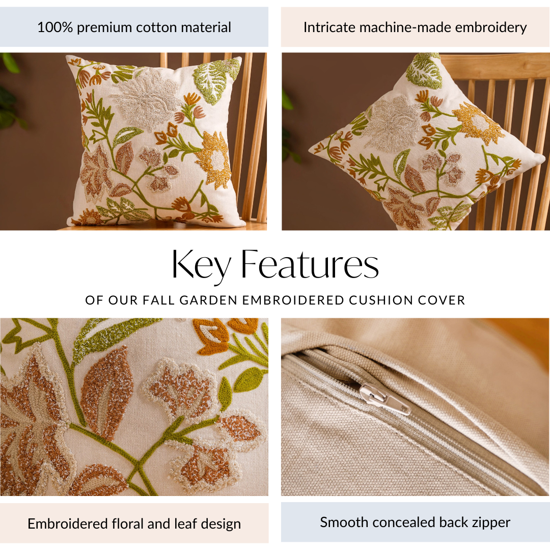 Fall Garden Embroidered Cushion Cover 40x40 cm