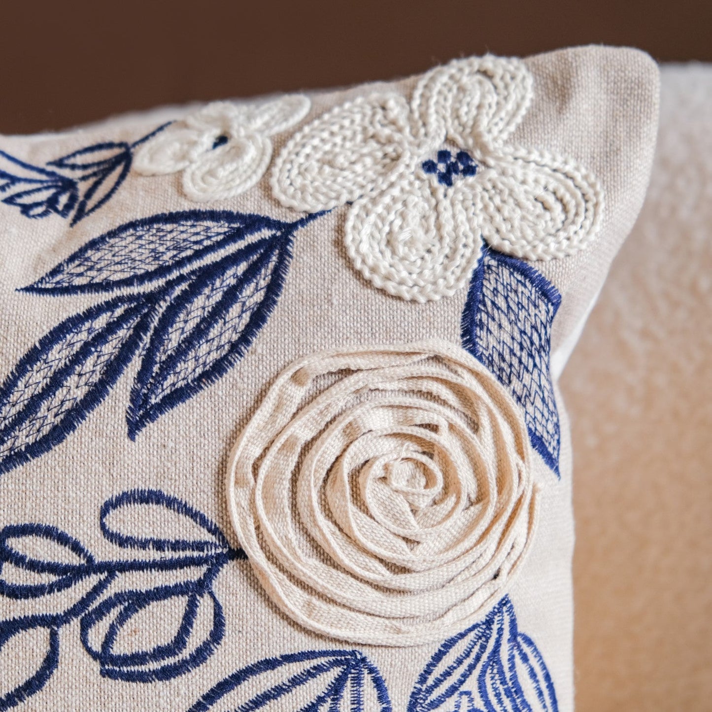 Ribbon Flower Embroidery Sofa Cushion Cover 16x16 Inch