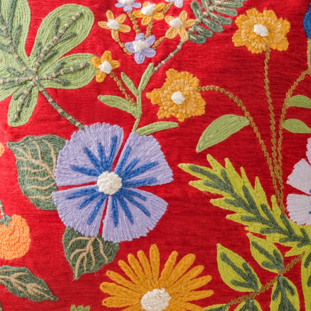 Red Cushion Cover With Floral Embroidery 16x16 Inch