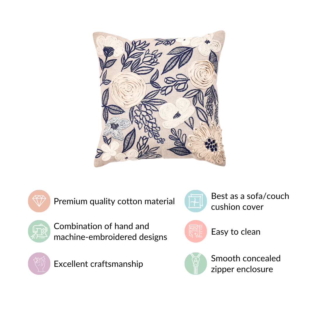 Ribbon Flower Embroidery Sofa Cushion Cover 16x16 Inch