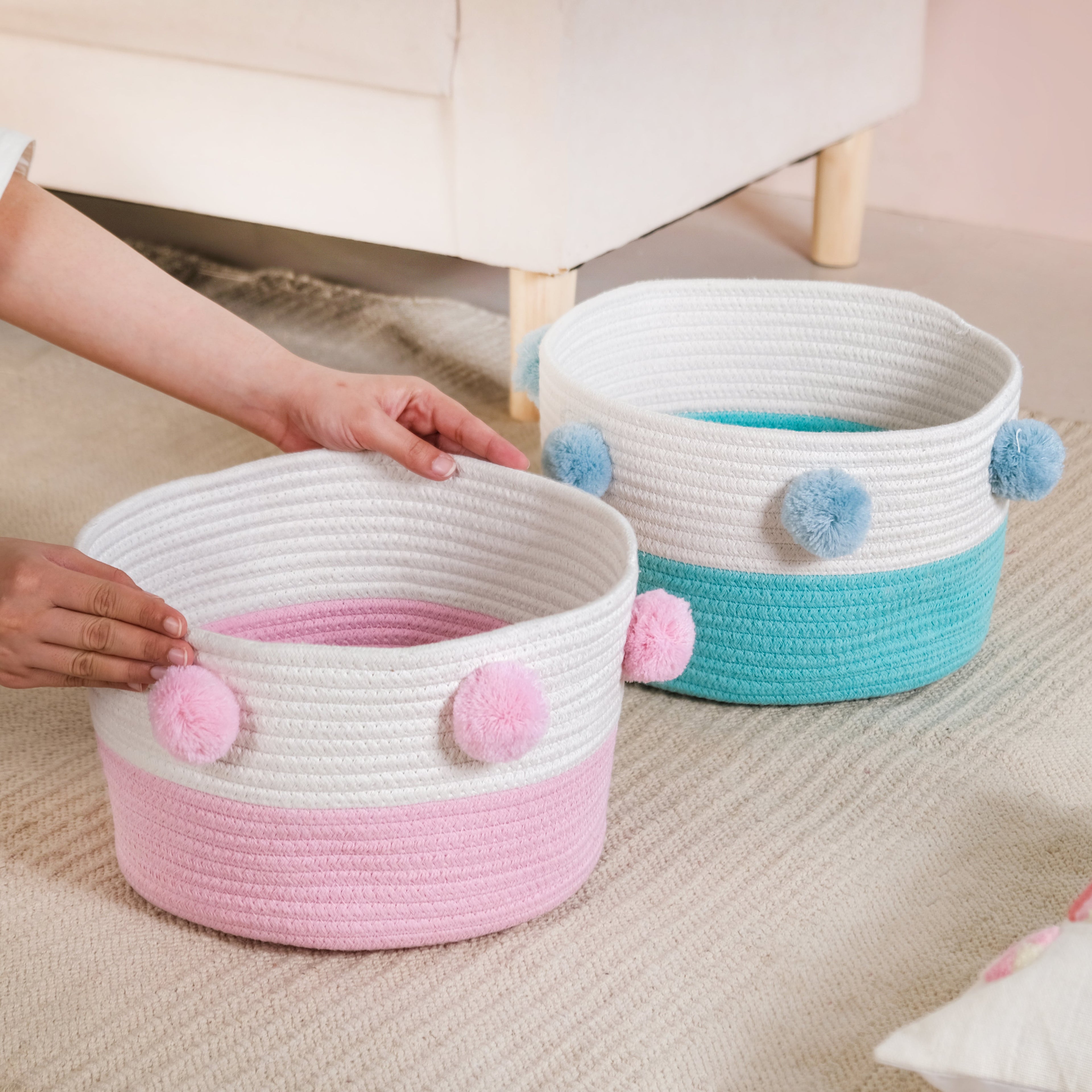 Pink And Mint Pom Pom Basket Set Of 2 18cm