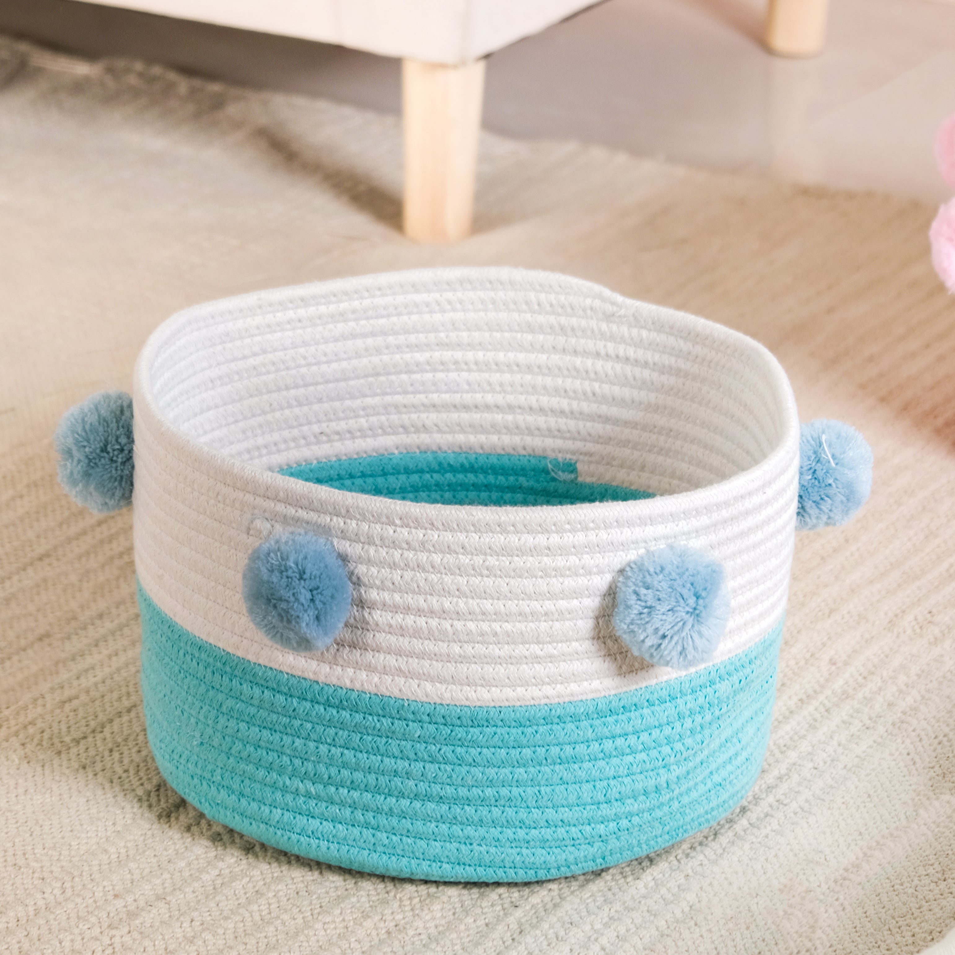 Pink And Mint Pom Pom Basket Set Of 2 18cm