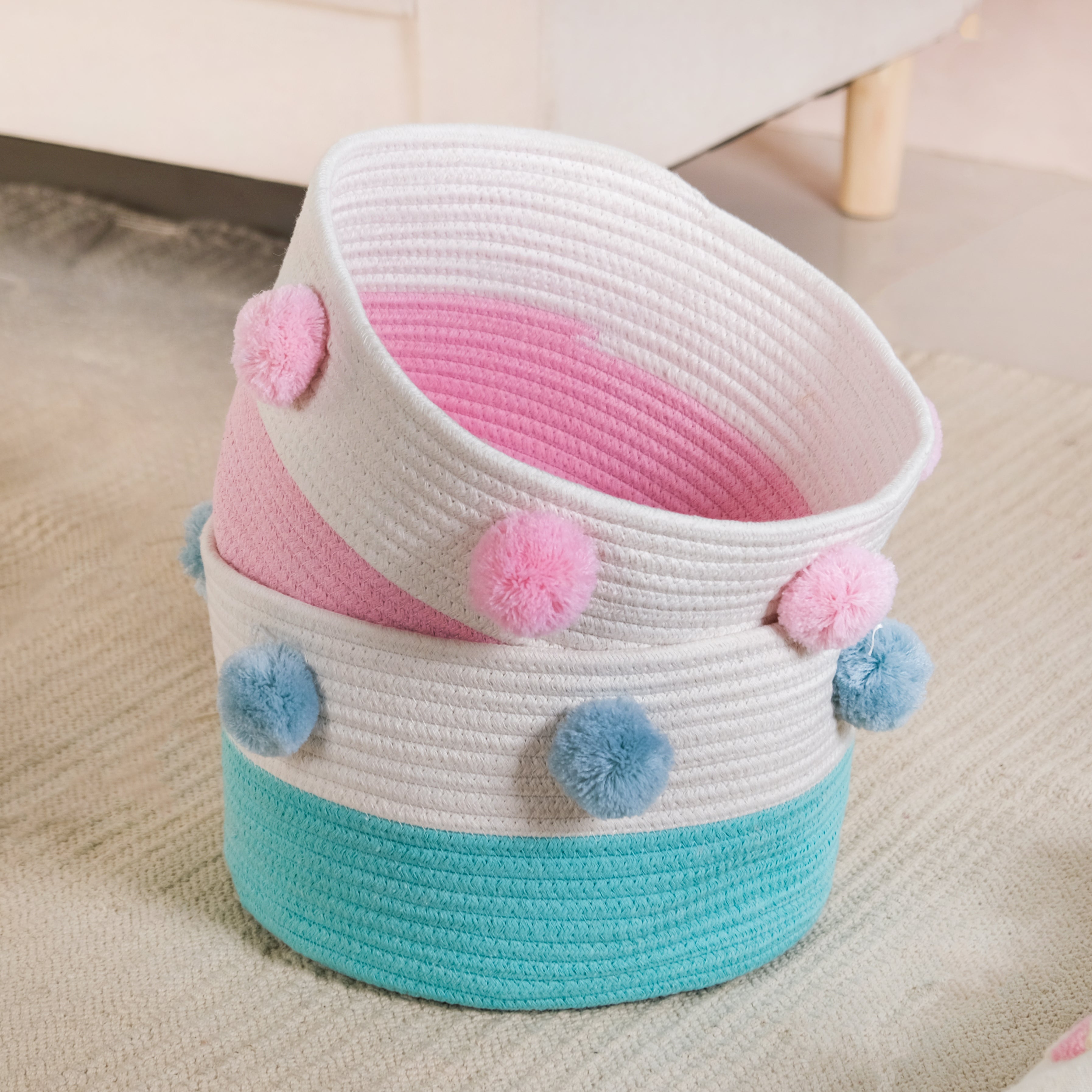 Pink And Mint Pom Pom Basket Set Of 2 18cm