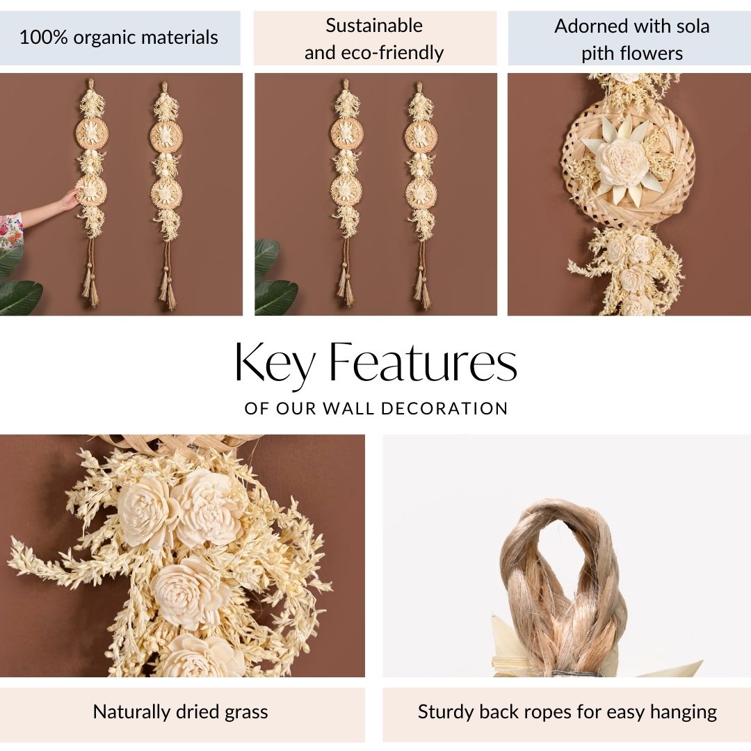 All Natural Wall Hanging With Sola Flowers And Dried Grass Set Of 2