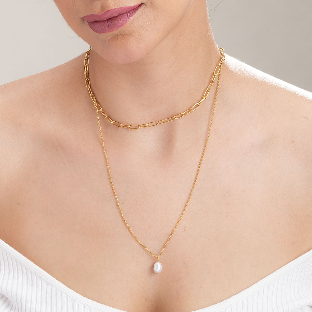 Layered Chain Necklace with Pearl Drop