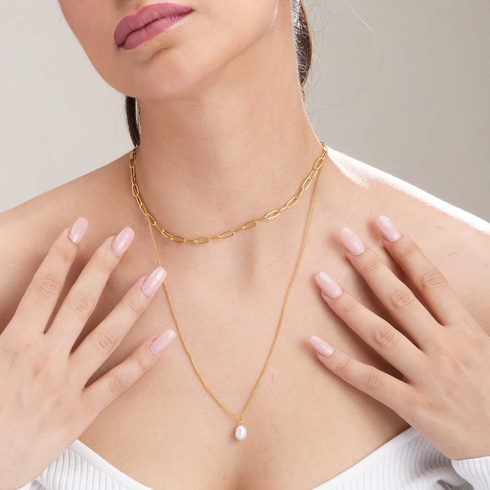 Layered Chain Necklace with Pearl Drop