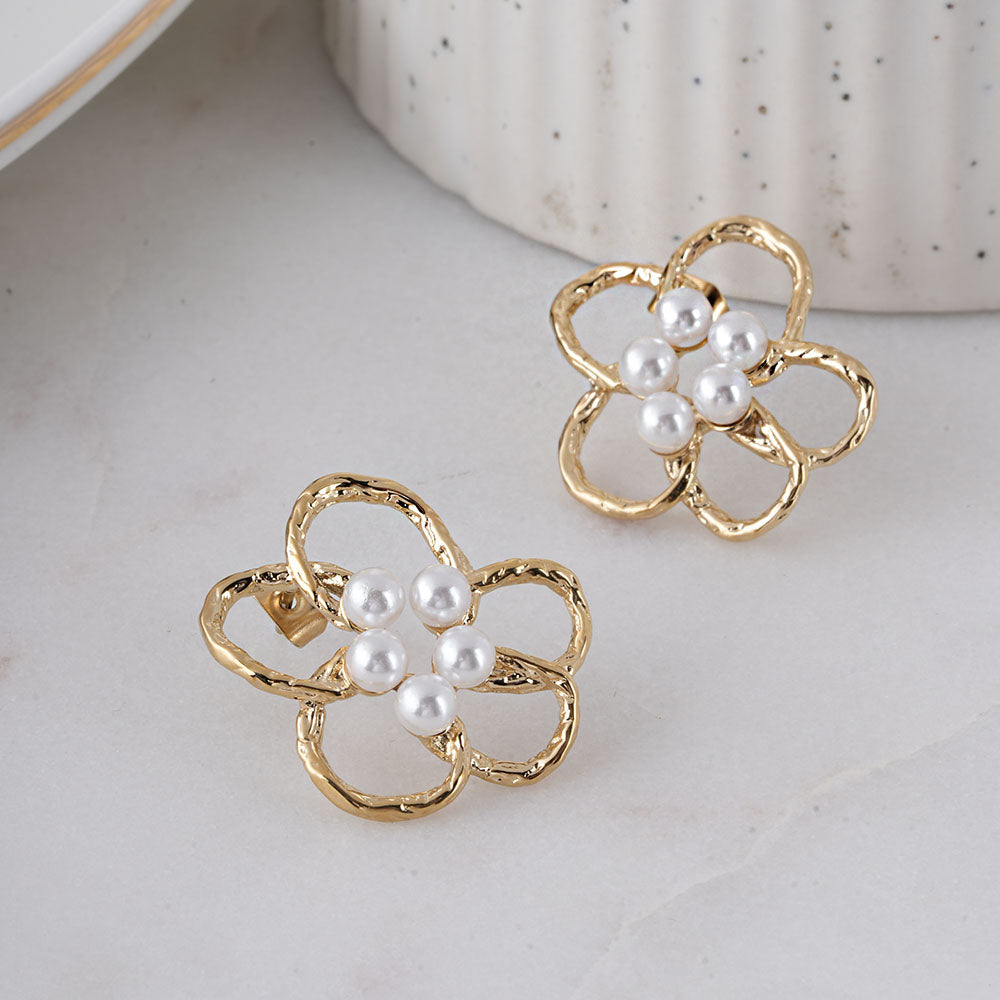 Gold Flower Pearl Earrings