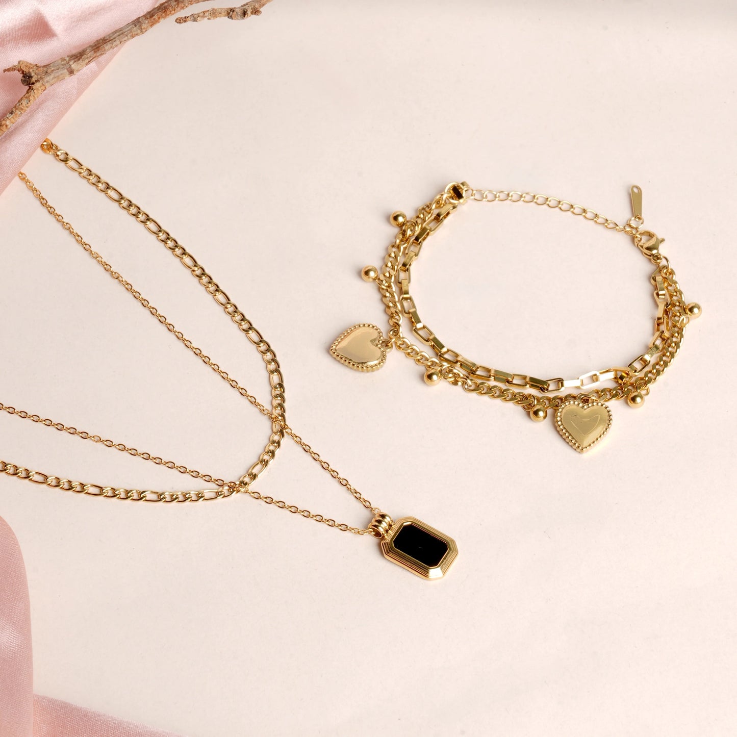 Hearts All Over Bracelet & Black Onyx Two Layer Necklace Jewellery Set