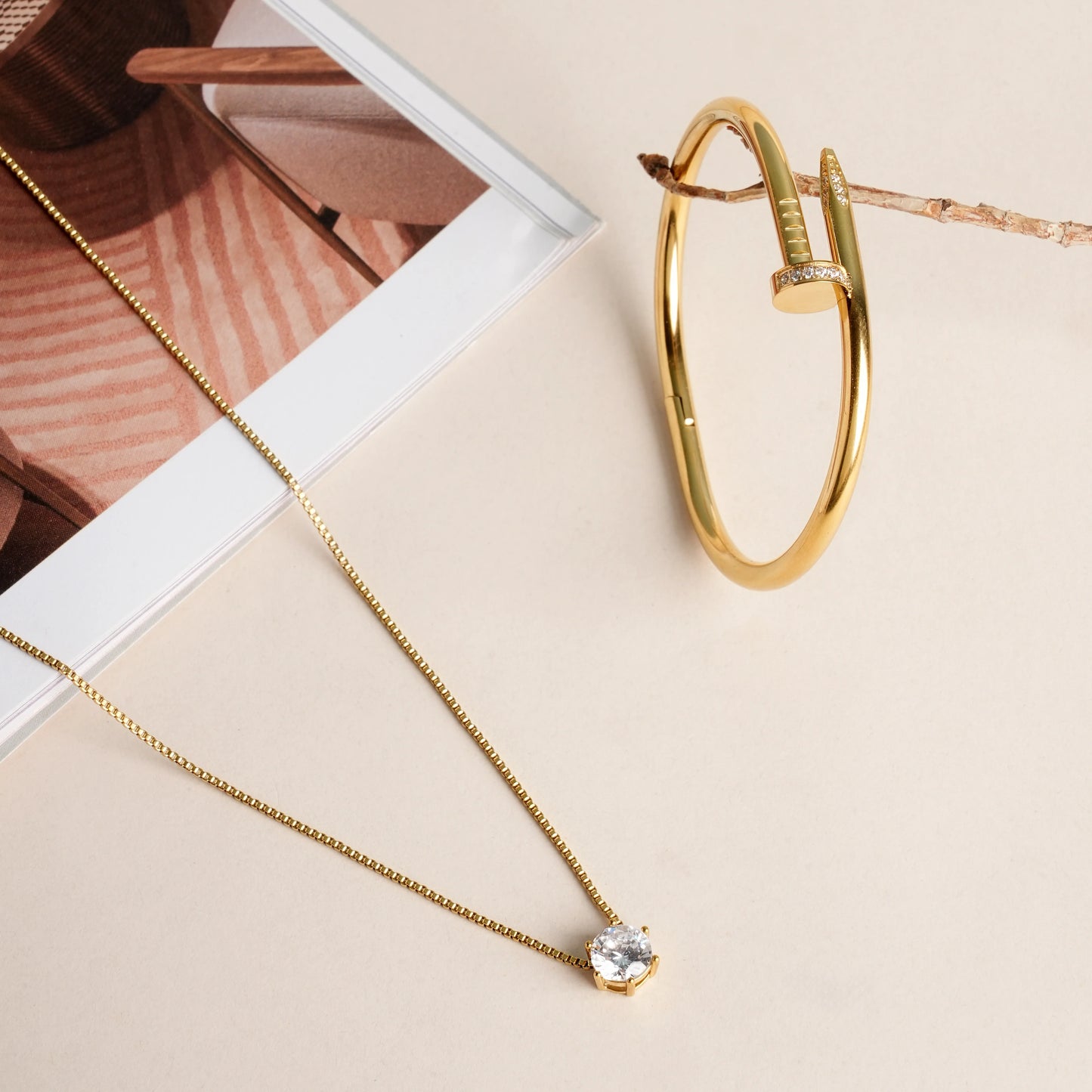 Nail Bangle Bracelet & Round Solitaire Necklace Jewellery Set