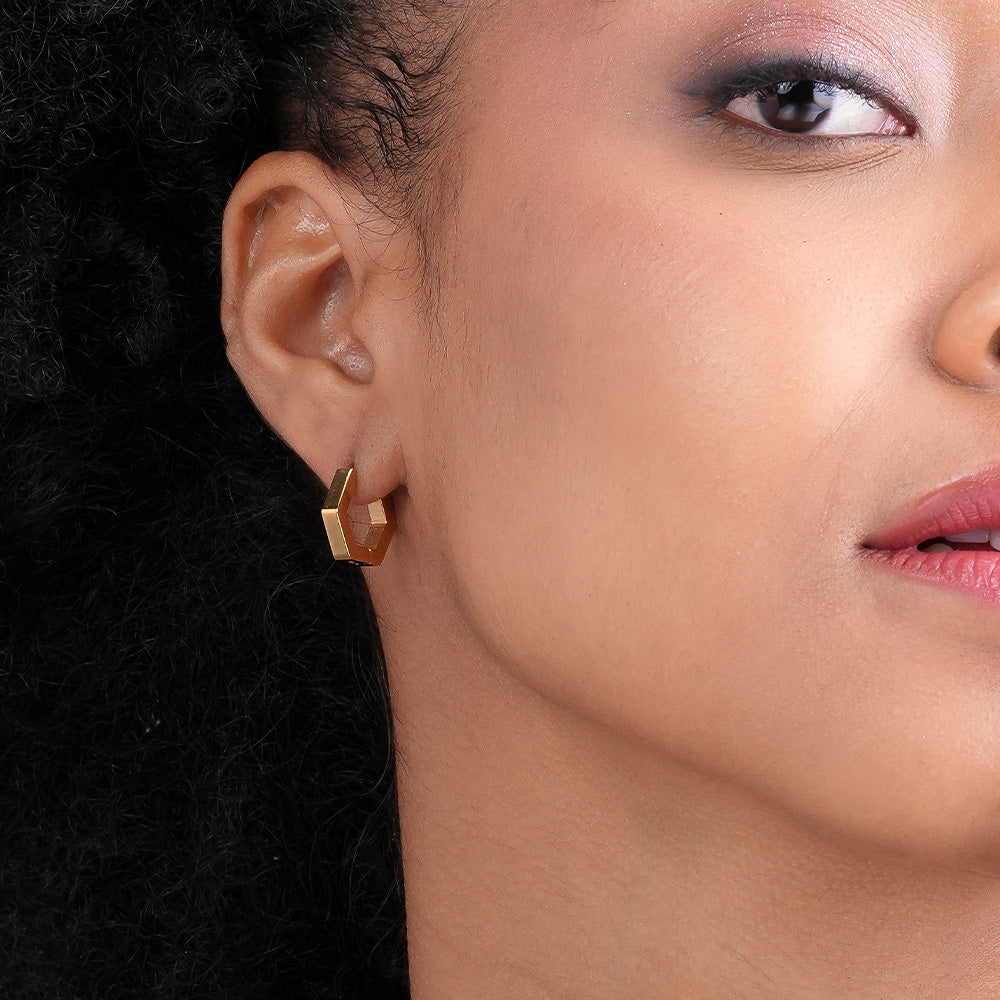 Gold Hexagon Huggie Hoop Earrings